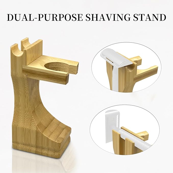 Shaving Brush Set, Pure Badger Shave Brush & Bamboo Bowl with 2 in1 Shaving Stand,Complete Men's Wet Shaving Kit, Eco-Friendly Bamboo Handle, Lathering Bowl & Razor Stand (Horizontal/Hanging)