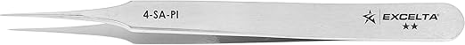 Excelta Straight Tapered Ultra Fine Point Tweezer, Two Star Precision Rated Anti-Magnetic Stainless Steel Tweezer, 4.25” Overall Length (4-SA-PI),Silver