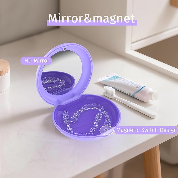2 Pack Retainer Case with Mirror, Compatible with Invisalign, Orthodontic Aligner Case with Removal Tool and Brush, Purple