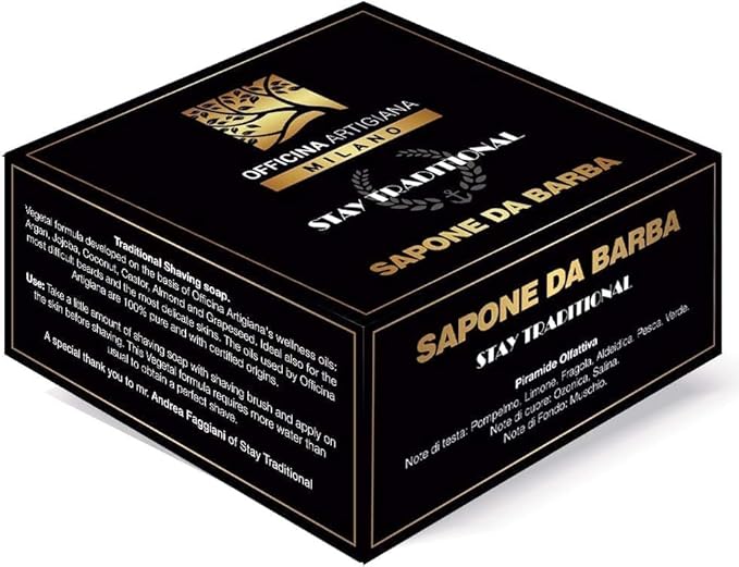 Officina Artigiana Milano Stay Traditional Shaving Soap 150ml – Luxury Italian artisan wet shaving soap with 40% antioxidant oils & shea butter – citrus fragrance – vegan skincare