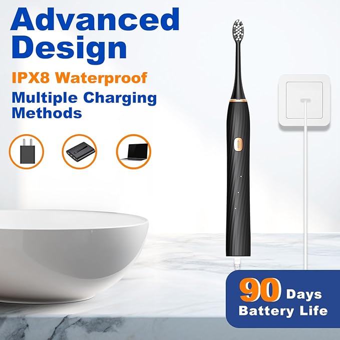 FXQQZZ Electric Toothbrush for Adults and Kids, with Tongue Scraper and Travel Case, 8 Brush Head, Smart Timer & 4 Modes Rechargeable Toothbrush, 42000 VPM Deep Clean, One Charge Last 90 Days - Black