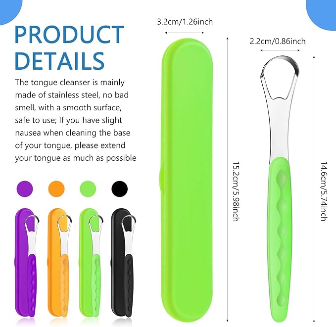 4 Pcs Tongue Scraper Cleaner Adults and Kids Stainless Steel Tongue Brush Metal Scraper Reduce Bad Breath with Travel Cases for Men Women Oral Mouth(Orange, Green, Black and Purple)
