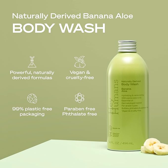 Hey Humans Banana Aloe Moisturizing Body Wash with Natural Ingredients & Jojoba Oil | Clean, Vegan, Sulfate Free Bath & Body Wash for Women & Men | Recyclable Bottle, 14 fl. oz. - Pack of 3