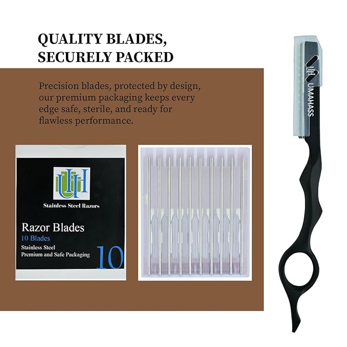 "UMAHASS Professional Hair Cutting Razor 6.5 Inch" Hair Styling Thinning Texturizing Cutting Razor with Replacement Hair Razor Blades 10 Pcs – Precision Barber Razor for Men & Women, Salon Use