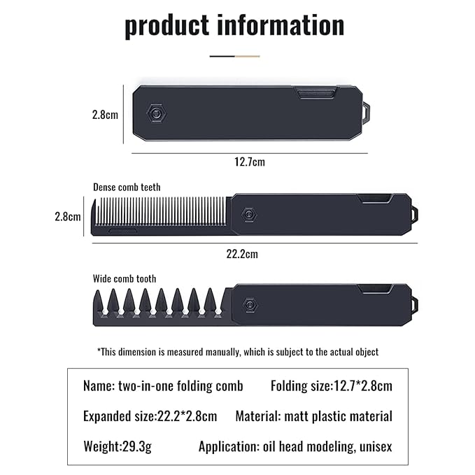 Protable Folding Pocket Comb for Men, 2 in 1 Hair Comb - Fine Tooth Comb, Styling for Everyday Grooming & Combing Hair, Beards and Mustaches (Black)