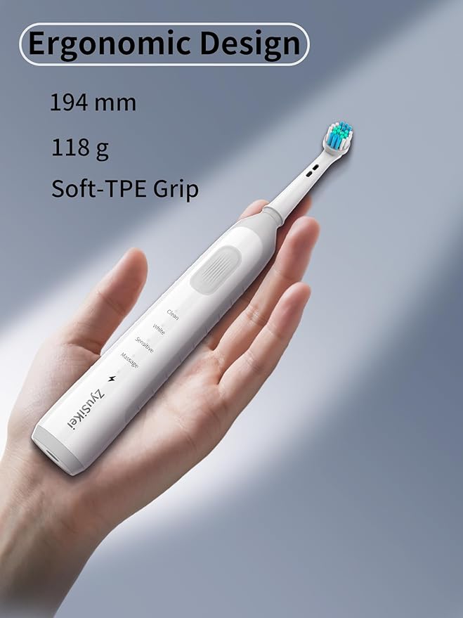 Rotating Electric Toothbrush for Adults with 4 Modes, Round Head and USB Charging Base - for Sensitive Gums, IPX7 Waterproof (White)