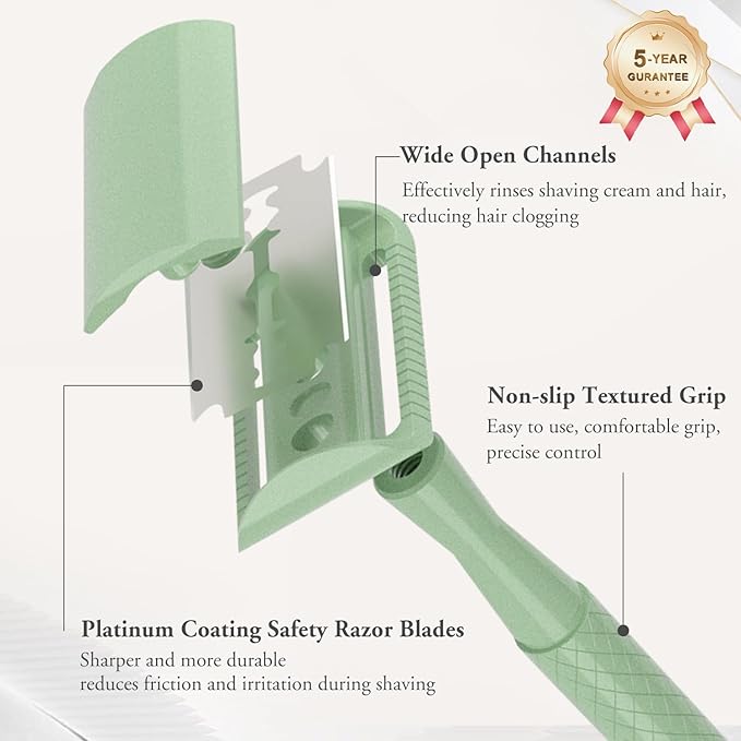 Forest Green Safety Razor - Single Blade Razors for Women - Reusable Metal Razor, with 5 Stainless Steel Double Edge Blades, Smooth Close Shave, Sustainable, Plastic Free