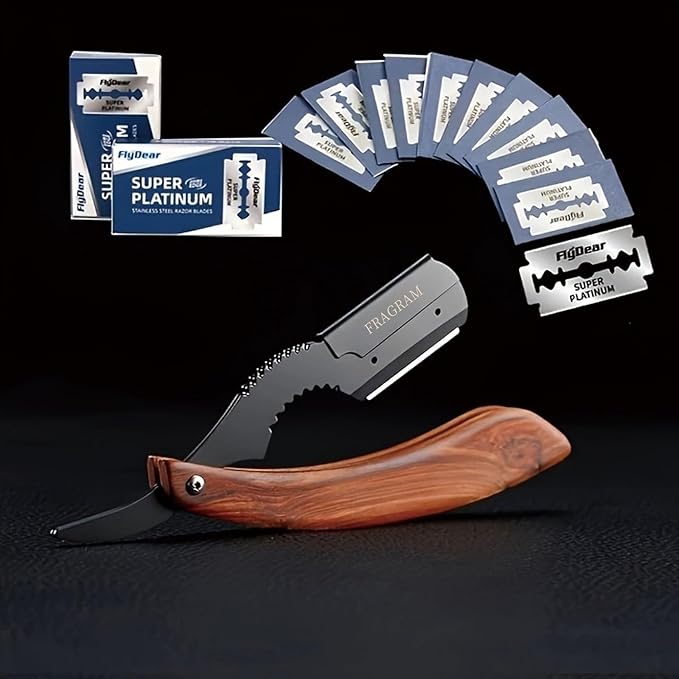 wooden handle manual shaving razor with replacement blade compatible with S23 stainless steel hair clipper, used for shaving razors (剃须刀架+10片刀片)