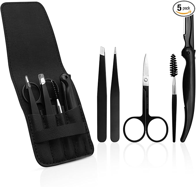 SetSail Professional 5-Piece Tweezers Set with Slant & Pointed Tips, Eyebrow Razor, Scissors, Spoolie - Black Stainless Steel Grooming Kit for Men & Women