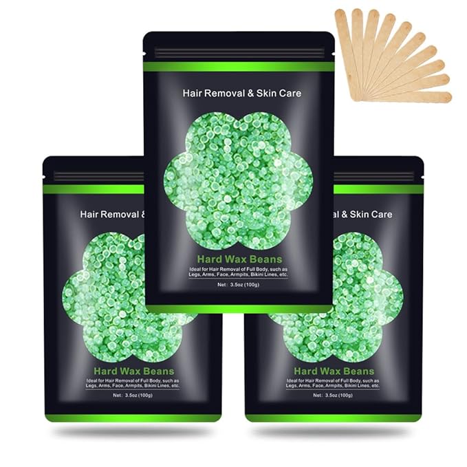 Wax Beads for Hair Removal 10.5oz (300g), Auperwel Hard Wax Beads Beans for Sensitive Skin Brazilian Waxing, Face, Bikini, Eyebrow, Legs, Painless for Women Men, 3 packs Kit with 10 Sticks