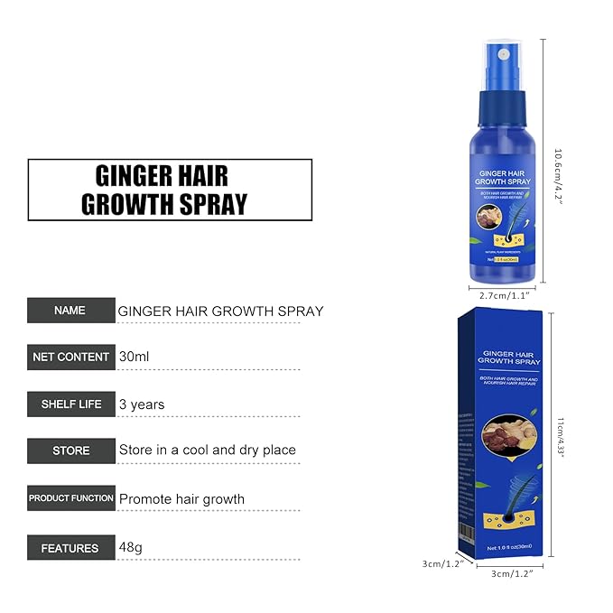 Ginger Hair Growth Spray for Men & Women, 30ml Anti-Hair Loss Treatment, Scalp Nourishing & Follicle Activation, Natural Ginger Extract for Thicker & Fuller Hair