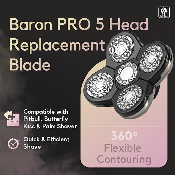 Skull Shaver Baron Replacement Shaver Head Blade - Smooth Close Shave - Wet & Dry Use - Flexible 5-Head Design - Quick Twist Lock - Universal Fit