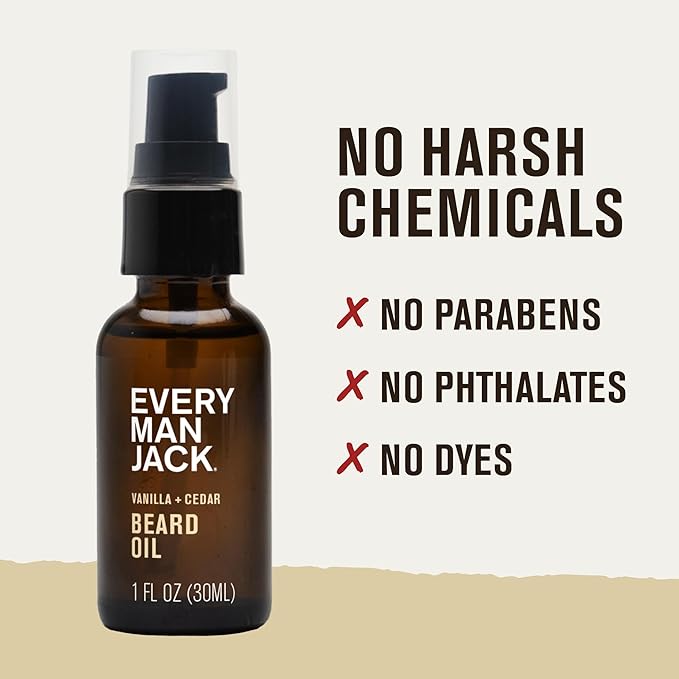 Every Man Jack Mens Beard Oil - Vanilla + Cedar Fragrance - Deeply Moisturizes and Softens Your Beard and Adds a Natural Shine - Naturally Derived with Shea Butter and Argan Oil - 1 fl oz