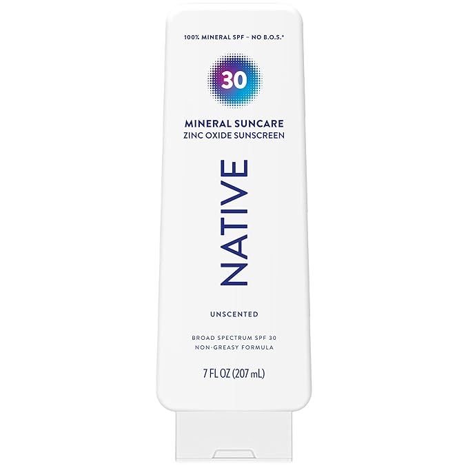 Native Sunscreen Lotion Unscented SPF 30, 100% Mineral SPF for Face & Body Broad Spectrum UVA UVB for Men & Women, Suitable for Sensitive Skin & Hawaii Compliant, Lightweight & No Residue, 7oz