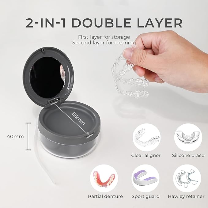 HEMILAB Denture Case, 2-in-1 Retainer Cleaner Case with Mirror & Strainer, Portable Aligner Bath Soaking Cup for Travel, Cute Orthodontic Storage Box for Mouth Guard, Night Guard & False Teeth, Grey