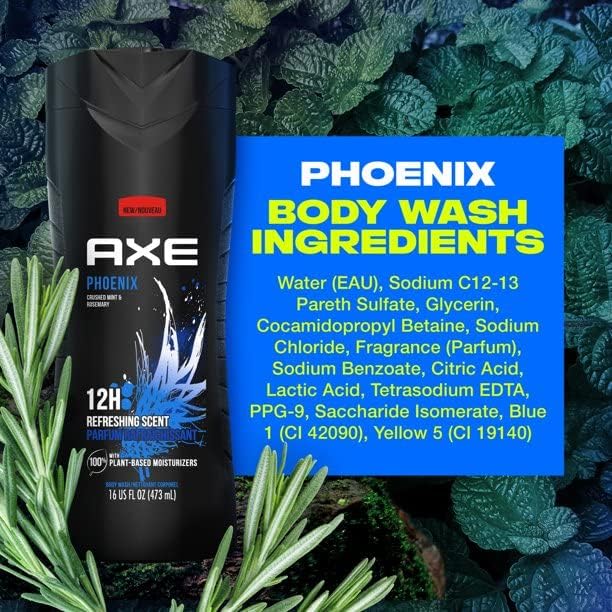 AXE Body Wash Phoenix 12h Refreshing Scent Crushed Mint & Rosemary Men's Body Wash with 100% Plant-Based Moisturizers 16 oz,(Pack of 8)