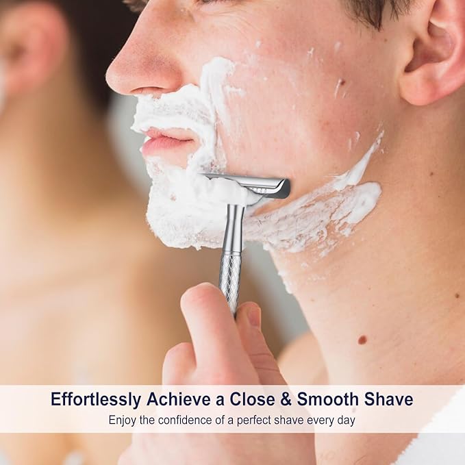 Matte Silver Safety Razor - Single Blade Razors for Men - Reusable Metal Razor, with 5 Stainless Steel Double Edge Blades, Smooth Close Shave, Sustainable, Plastic Free