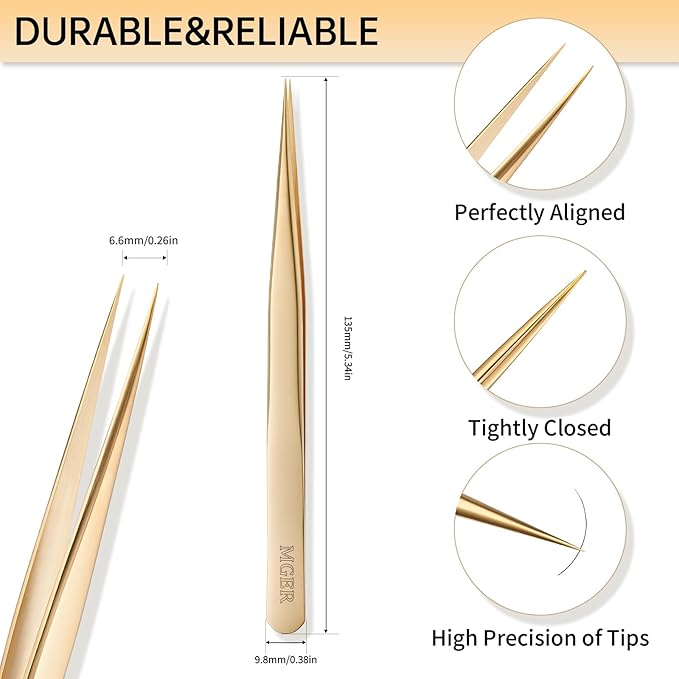 MGER Isolation Tweezers for Eyelash Extensions - Straight & Pointed Isolation Tweezers for Individual Lashes, Effortless Application with Precision Tweezers, Gold