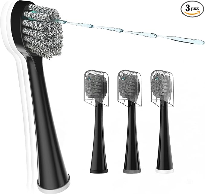 Replacement Brush Heads for Waterpick Sonic Fusion 2.0 - Flossing Toothbrush Head for with Color-Coded Rings & Hygienic Caps - 3 Pack Black Hard Bristles - Compact Size