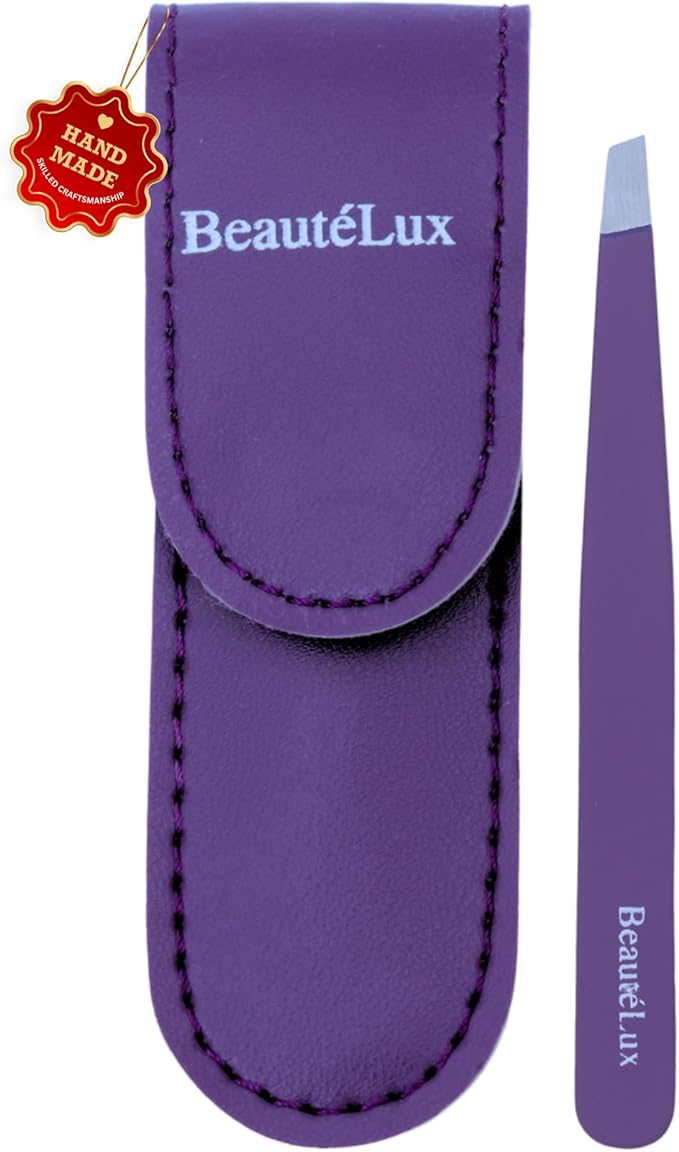 Premium Slant Tip Eyebrow Tweezer (Purple), Stainless Steel Precision Tweezers for Men & Women, for Facial Hair Removal, with Leather Case