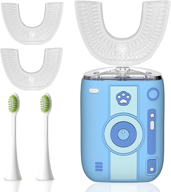 Adult Sonic Automatic Electric Toothbrush, 360° Oral Cleaning Stain Whitening, IPX7 Waterproof Rechargeable, u-Shape Brush Head*3+Straight Handle Brush Head*2 (Sky Blue)