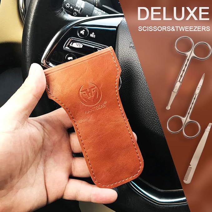 Professional Stainless Steel Curved Rounded Facial Hair Scissors Tweezers Set For Men Moustache, Nose Hair, Beard Trimming Scissors,Safety Use for Eyebrows,Eyelashes,Ear Hair - PU Leather Bag