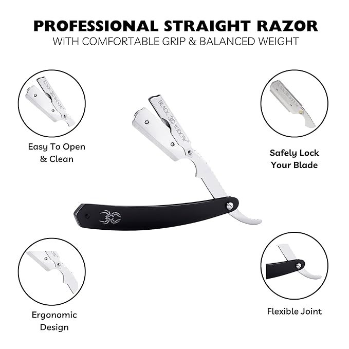 Black Widow Professional Straight Edge Razor Kit with 10 Blades – Stainless Steel Barber Razor for Men’s Shaving, Classic Barbero Shaver for Smooth, Precise, and Comfortable Shaves