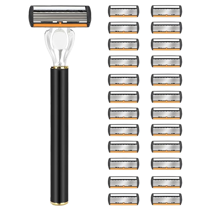 Men's Safety Razor with 24/36 Replacement Blades, Stainless Steel Double Layer Manual Shaving Razor, Long Handle Non-Slip Grip, Portable Travel Razor for Beards and Facial Hair (24)
