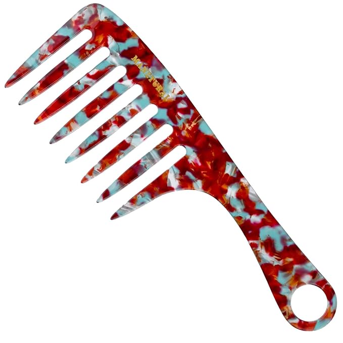 D1 | wide tooth comb 7.4"for easy portability. Suitable for Women's/girl curly, curly and tight hair, the short handle design is easy to carry. Acetate comb (RED B)