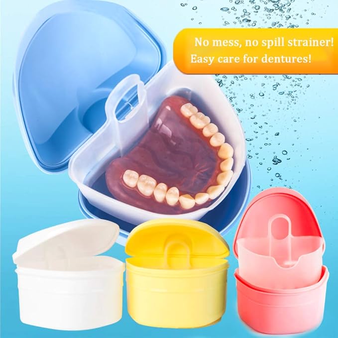 Denture Bath Box Cup, Complete Clean Care for Dentures, Clear Braces, Mouth Guard, Night Guard & Retainers,Traveling (Pink & Purple)