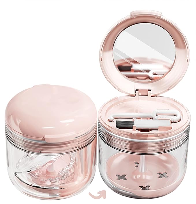 MURRI&MURRDI Retainer Mouth Guard Soak Container Box, Denture Bath Case with Strainer Basket, Braces Cleaner Cup Leak Proof, Travel Cleaning Storage Holder for Aligners Dental, Pink