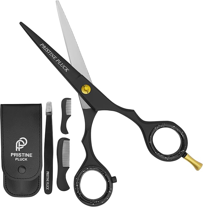 5” Beard & Mustache Scissors for Men – German Stainless Steel Precision Trimming Shears with Tweezers, Mustache Comb, Beard Comb & Travel Pouch for Facial Hair Grooming Kit