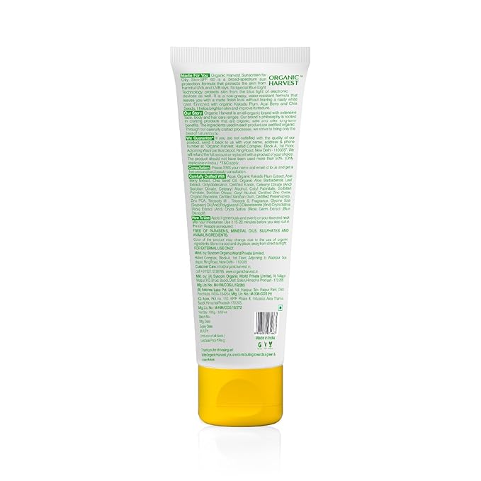 Organic Harvest Sunscreen For Women & Men SPF 60 PA+++ for Oily or Acne Prone Skin | Sunscreen Lotion Protects From Harmful UVA & UVB Rays | Hydrates & Nourished Skin | Sulphate & Paraben Free - 100gm