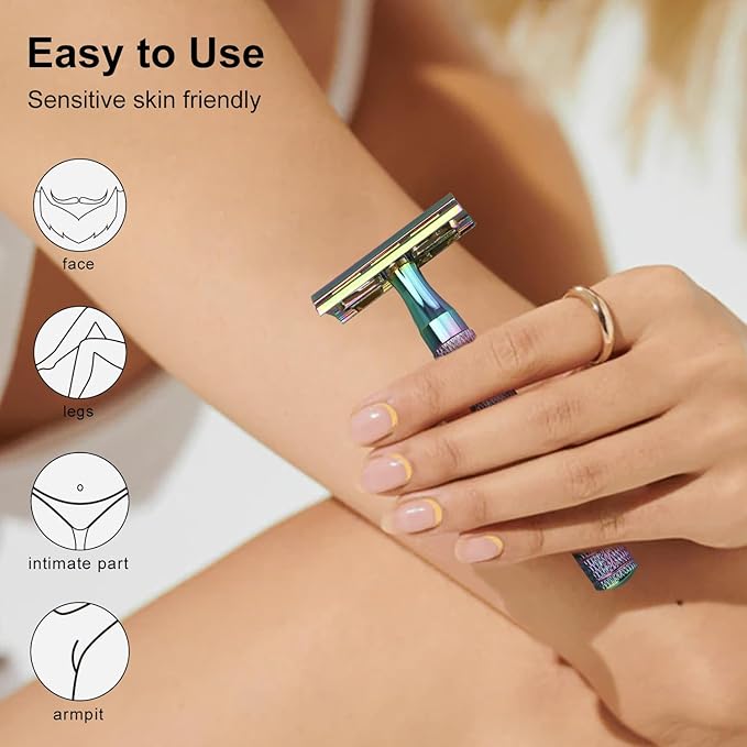 Rainbow Safety Razors for Men and Women, Single Blade Razor, Reusable Metal 1 Blade Razor, with 10 Stainless Steel Double Edge Blades, Smooth & Close Shave, Plastic Free, Sustainable