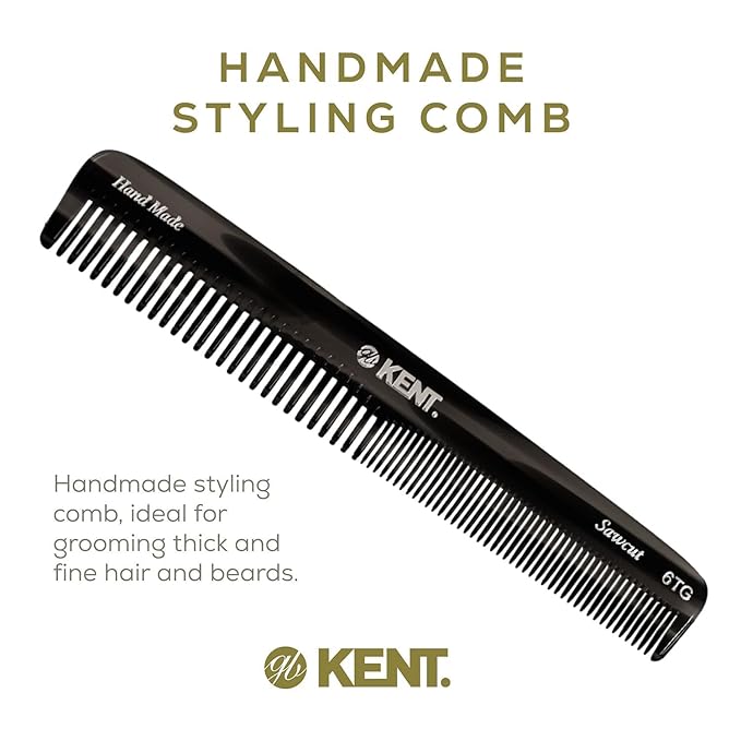 Kent 6T G Fine Tooth and Wide Tooth Hair Comb, Handmade Styling Comb for Hair Care, Barber Combs, Beard Combs For Men, Styling Grooming for Men, Women and Kids