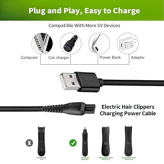 LONNKY USB Charger Cord for MANSCAPED Lawn Mower 3.0/2.0 Electric Trimmer Shaver Razor, Replacement Charging Cord for Manscaping Groin Hair Trimmer, The Weed Whacker Nose and Ear Hair Trimmer