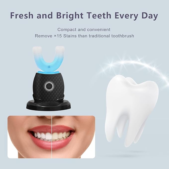 Smart U-Shaped Ultrasonic Toothbrush for Adults: 360° Full Mouth Cleaning with Auto Rotation, Smart Pressure Sensor & LED Light, Includes Foam Mousse, 4 Brush Heads and Charging Base (black)