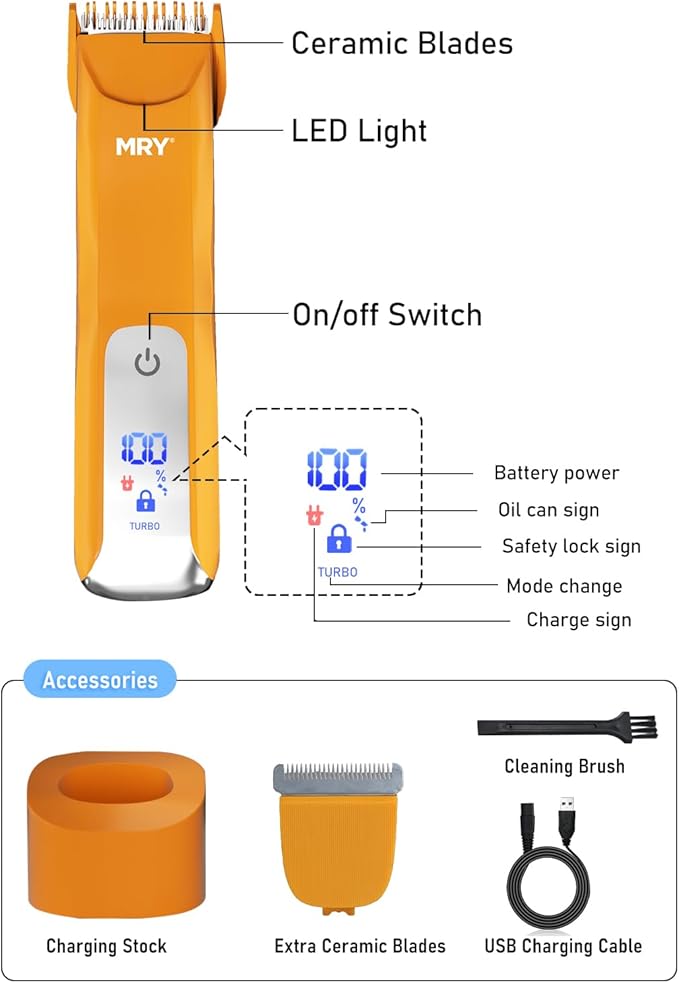 MRY Groin Trimmer for Men Women Ipx6 Waterproof USB Charging Trimmer/Light and Ceramic Blade Electric Trimmer for Men Women for Pubic/Body/Groin Grooming/Face/Legs/Facial (Orange Color)