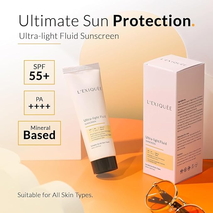 L'E'X'IQUÉE Ultra-Light Mineral-Based Sunscreen SPF 55+ PA++++ | No White Cast Fluid for Face | Non-Greasy Facial Sunscreen with Niacinamide & Hyaluronic Acid | Men & Women | 1.69 fl oz