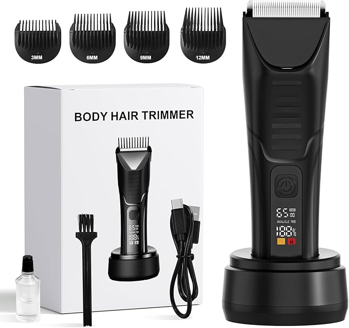 Electric Body Hair Trimmer - IPX7 Waterproof Trimmer for Men with LED Light, Wet/Dry Groomer, USB-C Rechargeable- Men's Pubic, Groin and Body Shave,Balls & Sensitive Skin Safe-Christmas Gifts for Men