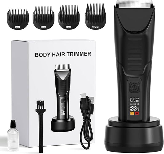 Electric Body Hair Trimmer - IPX7 Waterproof Trimmer for Men with LED Light, Wet/Dry Groomer, USB-C Rechargeable- Men's Pubic, Groin and Body Shave,Balls & Sensitive Skin Safe-Christmas Gifts for Men