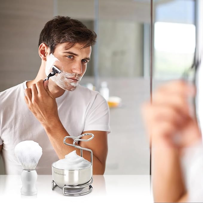 Shaving Brush Kit for Men, 3 in 1 Shaving Brush Set Includes Nylon Bristles Shaving Brush, 3 Layers Stainless Steel Shaving Bowl and Integrated molding Shaving Stand for Men’s Shave Gift