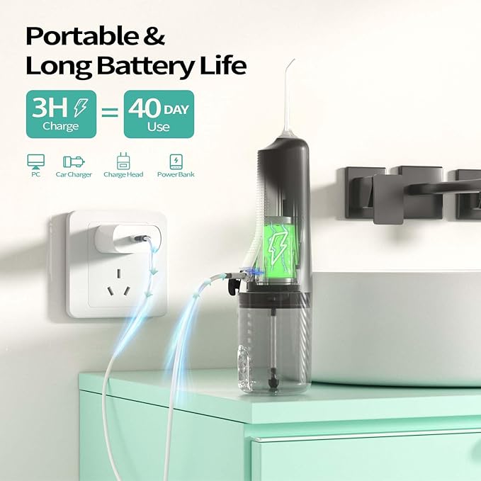 Water Flosser for Teeth Cordless: 260ML Portable Oral Irrigator with DIY Strength for Daily Oral and Braces Care, 4 Modes & 5 Jet Tips, 40-Day Battery, IPX7 Waterproof Dental Flosser for Home Travel