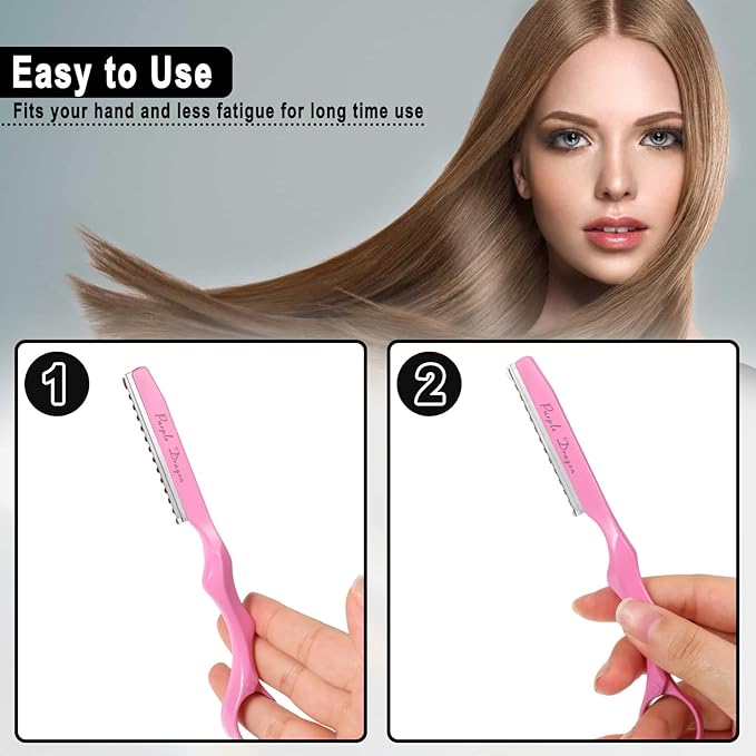 Hair Razors For Cutting Hair 7" Mental Thinning Styling Razors with 10 PCS Sharp Stainless Steel Blades Professional Hairs Styling Tool for Salon and Home (Pink)