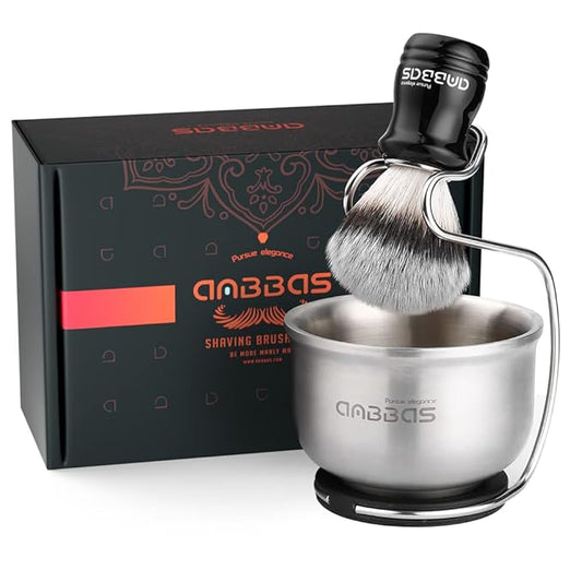 Anbbas Synthetic Badger Hair Shaving Brush,Stainless Steel Shaving Soap Bowl and Higher Brush Holder Stand Set for Men Wet Shave