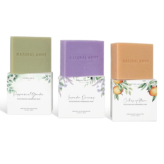 Natural Amor Handmade Soap Bar Set 3 Pk, Made with Natural Ingredients, No Harsh Chemicals, Soap Gift Sets for Women, Handcrafted Atisan Soaps, 3.5oz each