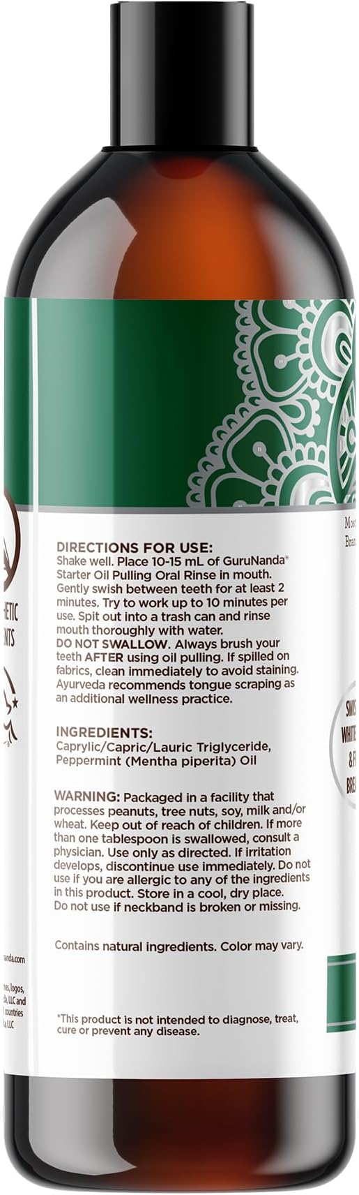 GuruNanda Starter Pulling Oil Mouthwash for Natural Teeth Whitening, Coconut and Peppermint Oil for Fresh Breath & Happy Gums, Alcohol-Free, 8 Oz