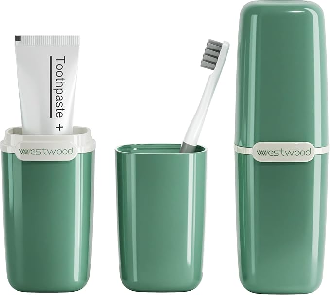 Green Toothbrush Travel Case, Portable Travel Toothbrush & Toothpaste Holder Cover Organizer Container with Mouthwash Cup for School, Camping, Business Trip, Bathroom Storage