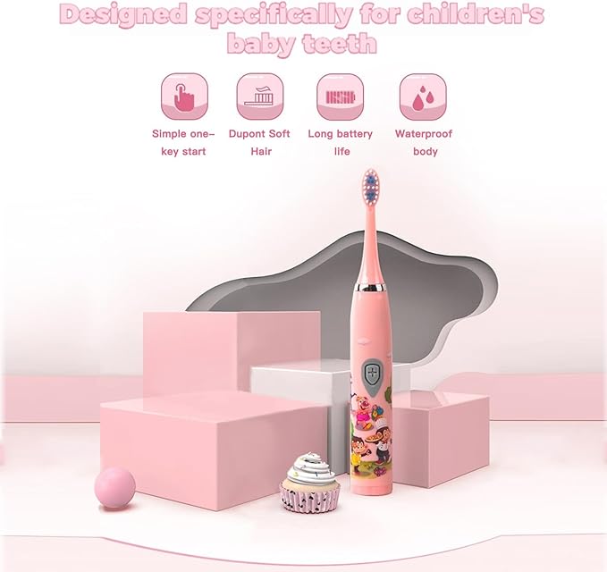 Kids Battery Powered Sonic Toothbrush with 3 Brush Heads, 1 AA Battery - Soft Bristles, IPX Waterproof, 2 Mins Timer, Blue/Pink