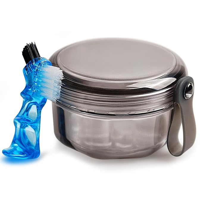 Leakproof Denture Case Denture Soaking Cup False Teeth Container, Dental Denture Bath Holder Storage Box Retainer Cleaner Case for Traveling - Leak Proof and Lid Waterproof - Transparent Black
